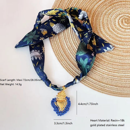 Women’s Fashion Scarf Necklace with Large Stainless Steel Heart Pendant Stackable Bandana Jewelry