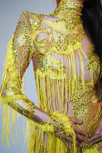 Sexy Skinny Leotard Singer Dancer Show StageWear Sparkly Blue Rhinestones Women DanceCostume Fringes One Shoulder Bodysuit  7G