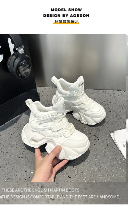 Chunky Platform Hidden Height Increasing Sneakers Casual Lace Up Shoes In White And Grey With Hollow Out Design For Streetwear