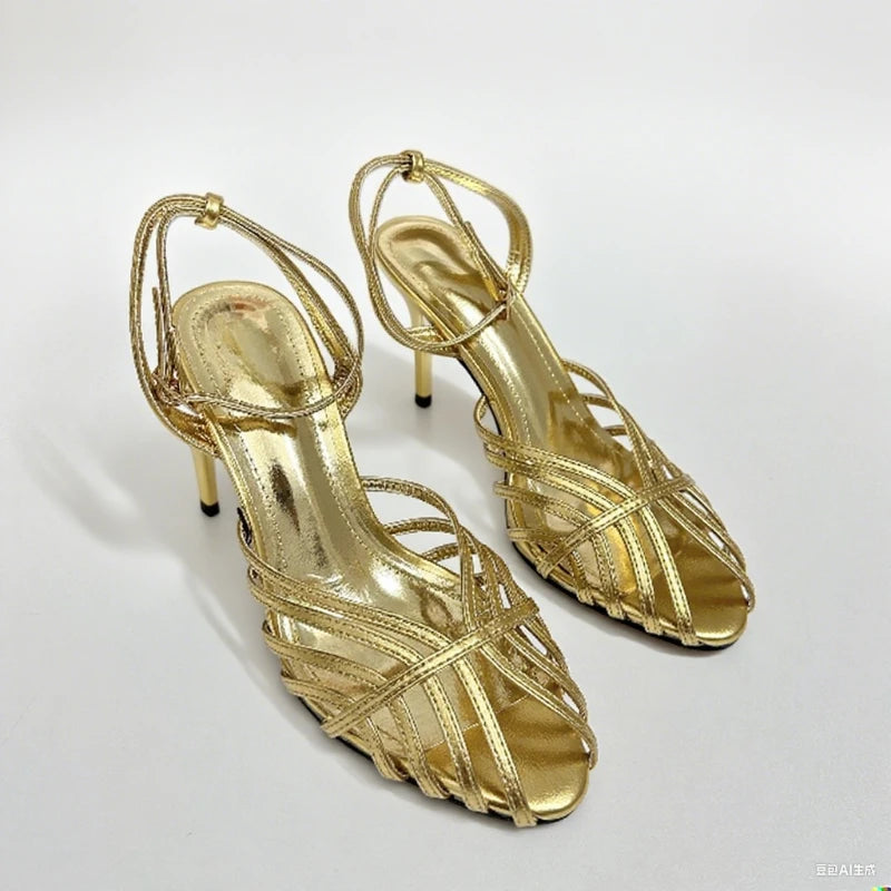 Women's Gold Roman Gladiator Sandals High Heels Stiletto Open Toe Ankle Strap Sexy Luxury Wedding Party Evening Dress Shoes