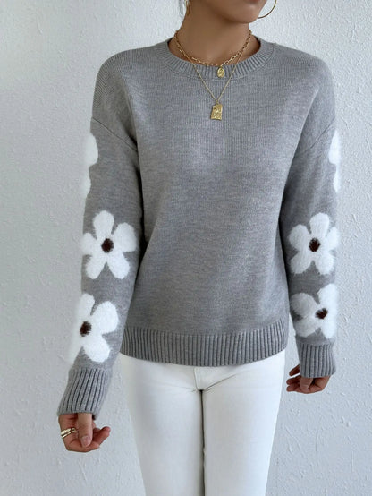 Ladies Clothes Sueter Flower Print Loose Round Neck Long Sleeve Autumn Winter Versatile Pullover Sweater Autumn Clothing Womens