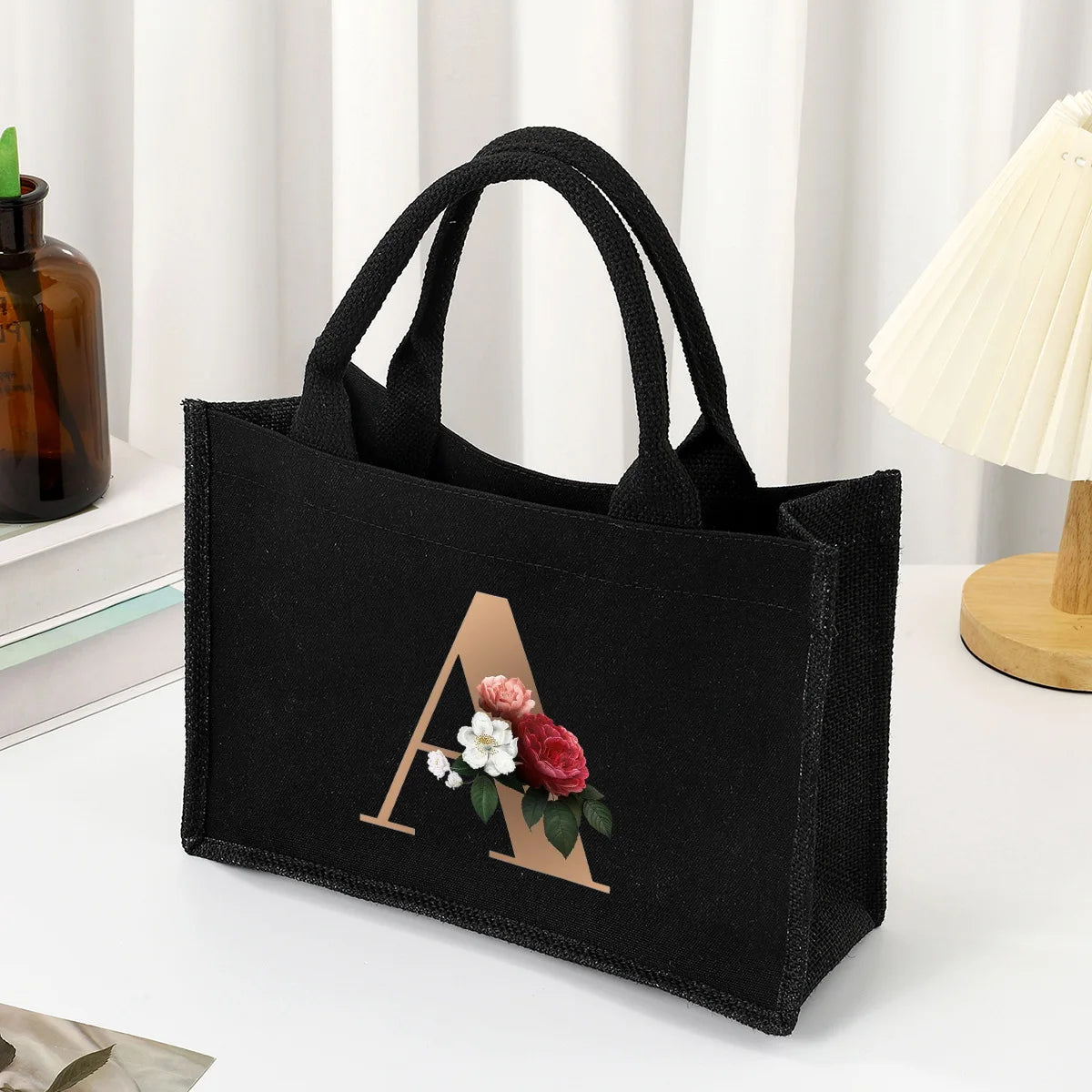 Black hand-held canvas bag, 26 letter printed women's handbag, large capacity portable leisure beach bag, indoor waterproof