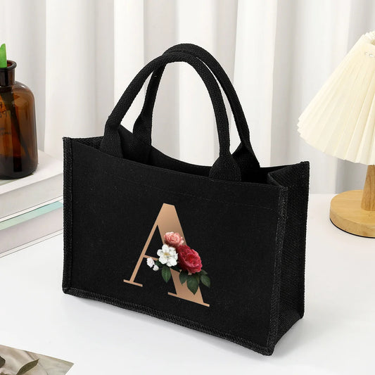 Black hand-held canvas bag, 26 letter printed women's handbag, large capacity portable leisure beach bag, indoor waterproof