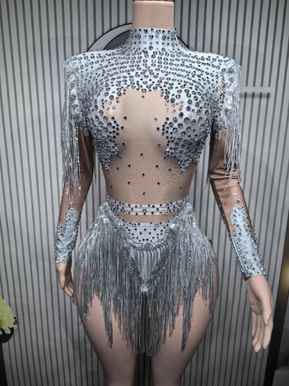 Sexy Skinny Leotard Singer Dancer Show StageWear Sparkly Blue Rhinestones Women DanceCostume Fringes One Shoulder Bodysuit  7G