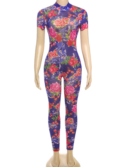 kliou Aesthetic Printed Women Jumpsuits Fashion Sexy Panelled Short Sleeve Backless Stand Collar Slim Overalls Mujer Clubwear