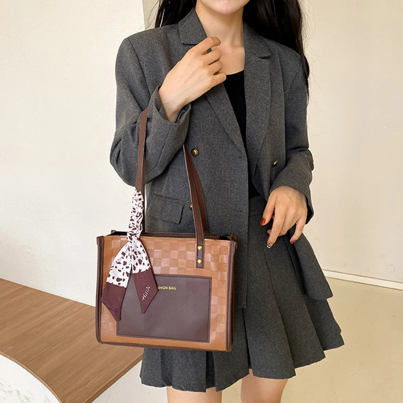 Patchwork Contrast Color Handbag Women's Casual Fashion Tote Bag Large Capacity Single Shoulder Bag Women's Silk Scarf Bag