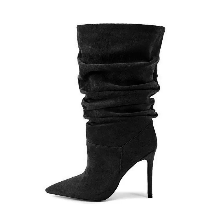 2025Women's Autumn and Winter New Pleated High-heeled Short Boots with Pointed Sleeves, Women's 35-47 Large Mid Length Boots