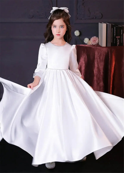 Lovely White Satin Flower Girl Dress for Wedding Dresses Little Princess Bow Kids Birthday Party Evening Customise Gowns