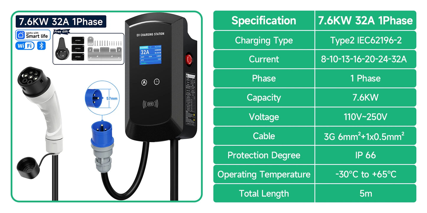 Puppyfc EV Charger 32A 7.6KW Electric Vehicle Car Charger EVSE Wallbox 11KW 22KW 3Phase Type2 5m IEC62196-2 Socket APP Control