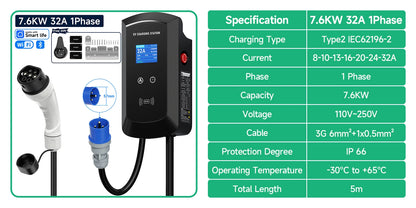 Puppyfc EV Charger 32A 7.6KW Electric Vehicle Car Charger EVSE Wallbox 11KW 22KW 3Phase Type2 5m IEC62196-2 Socket APP Control