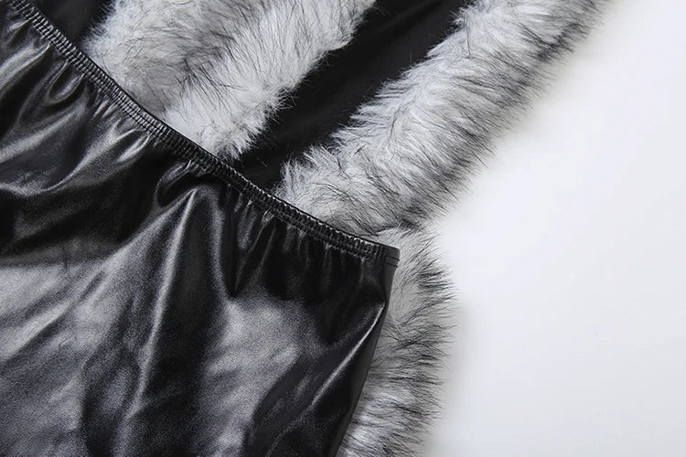Kliou Faux Leather Mini Dress Woman Furry Patchwork Halter Deep V-Neck Backless Skinny Peach Hip Hottie Street Fashion Clothing