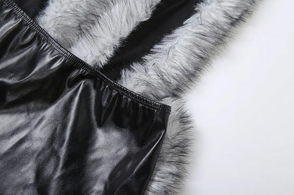 Kliou Faux Leather Mini Dress Woman Furry Patchwork Halter Deep V-Neck Backless Skinny Peach Hip Hottie Street Fashion Clothing