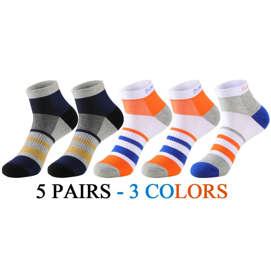 5 Pairs/Lot Running Socks Men Ankle Colorful Stripes Combed Cotton Outdoor Gym Compression Short Male Socks 5 Colors New 2025