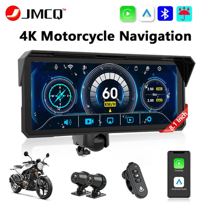 JMCQ Portable 8.1 inch Motorcycle 4K DVR GPS Navigation Wireless Carplay Android Auto Moto Recorder Monitor IPX7 Waterproof