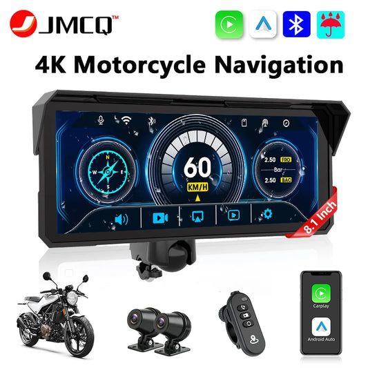 JMCQ Portable 8.1 inch Motorcycle 4K DVR GPS Navigation Wireless Carplay Android Auto Moto Recorder Monitor IPX7 Waterproof