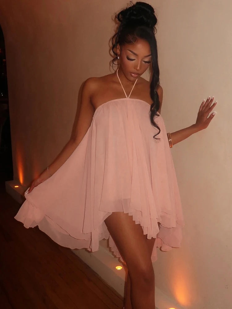 Sisterlinda Halter Dress Women Asymmetrical Hem Bandage Sleeveless Backless Solid Beach Party Sexy 2026 Summer New Trend Bodycon