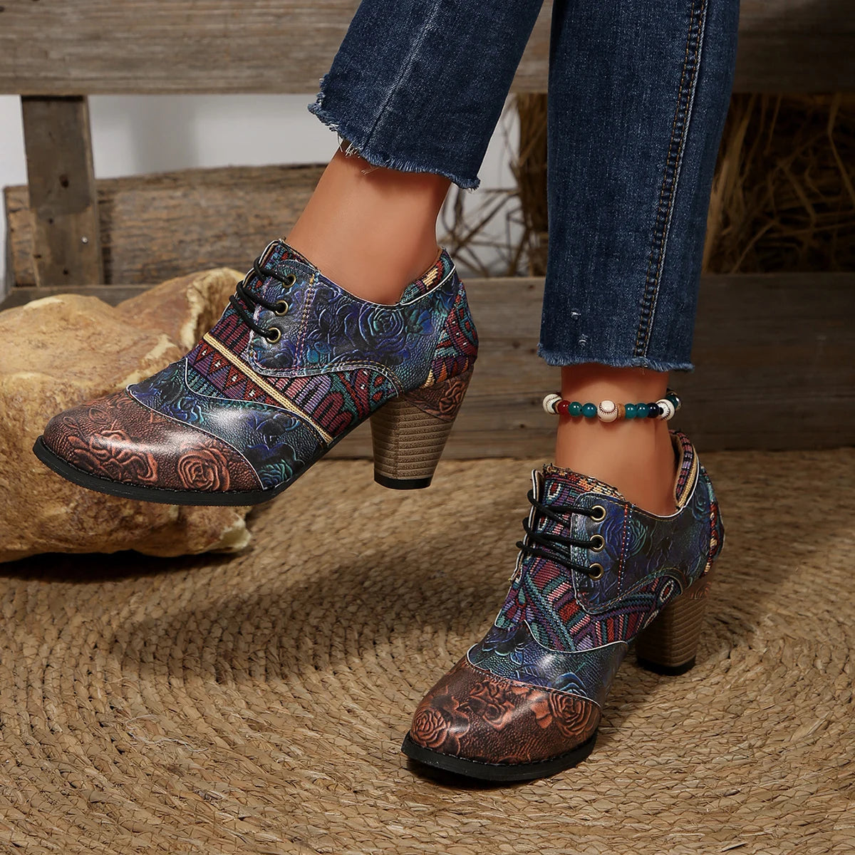 Women's Spring & Fall Short Boots, Bohemian Fashion Splicing Retro Short Boots, Casual Printed Western Leather Boots, Side Zippers, Suitable for Daily Commuting, Vacation, Parties