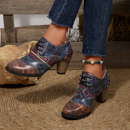 Women's Spring & Fall Short Boots, Bohemian Fashion Splicing Retro Short Boots, Casual Printed Western Leather Boots, Side Zippers, Suitable for Daily Commuting, Vacation, Parties
