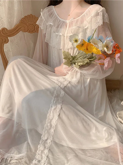 Women Ruffles Vintage Nightgowns Lolita Princess Sleepwear White Lace Mesh Fairy Night Dress Victorian Nightdress Loungewear