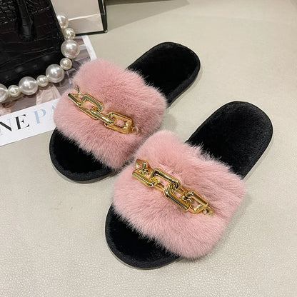Fluffy Women's Slippers Home Winter Chain Luxury Designer Woman Shoes Plush Indoor Casual Platform Fuzzy Fur Slides Elegant New