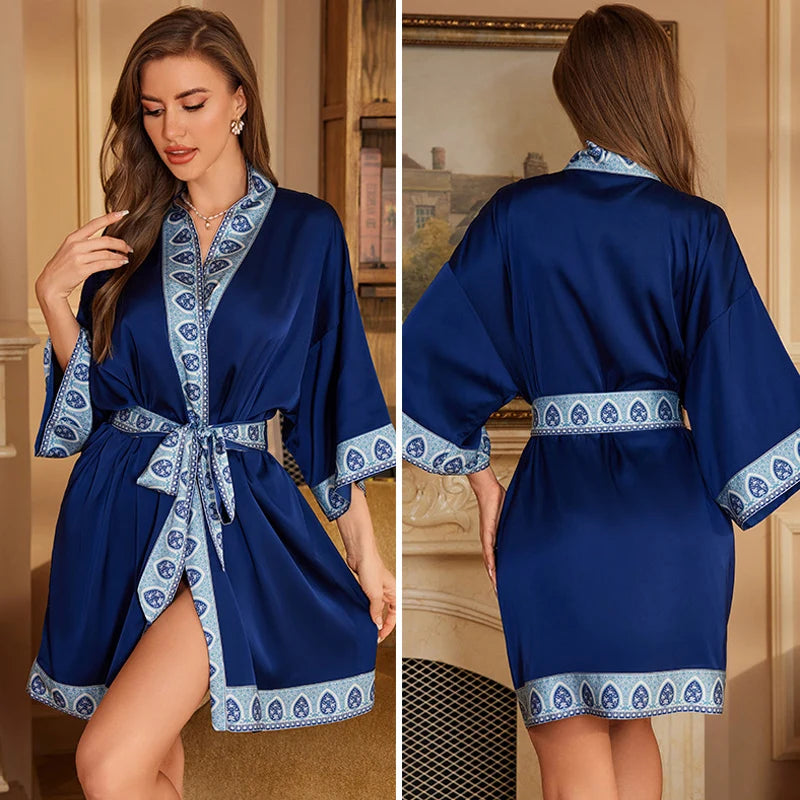 Navy Blue Print Flower Robe Nightgown Silk Satin Female Sleepwear Nightdress Spring Summer Loose Kimono Bathrobe Gown Home Wear