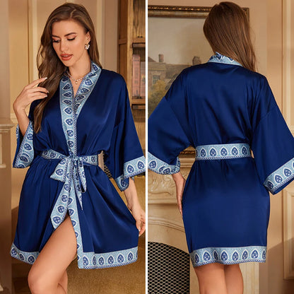 Navy Blue Print Flower Robe Nightgown Silk Satin Female Sleepwear Nightdress Spring Summer Loose Kimono Bathrobe Gown Home Wear