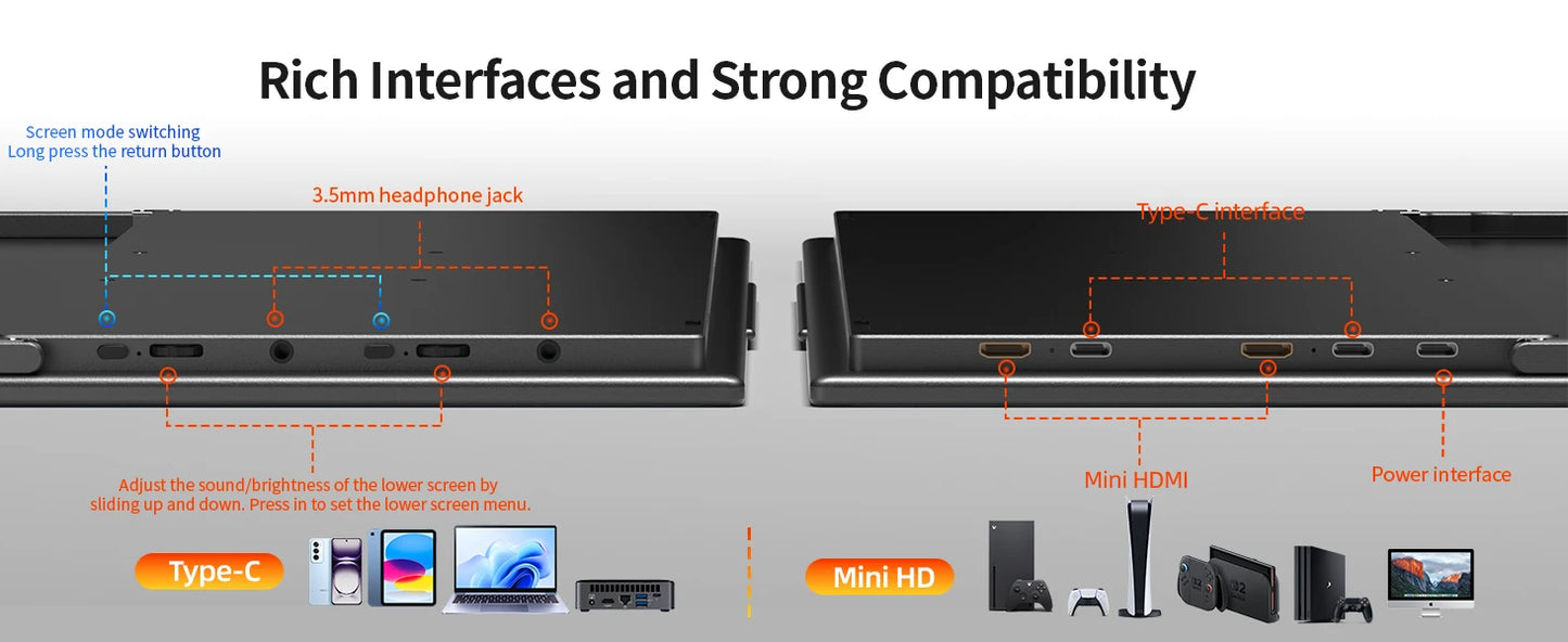 SIBOLAN 16" Dual Portable Monitor 2.5K IPS Folding PC Display USB-C HDMI Plug Laptop Screen Extender for Mac Windows Phone