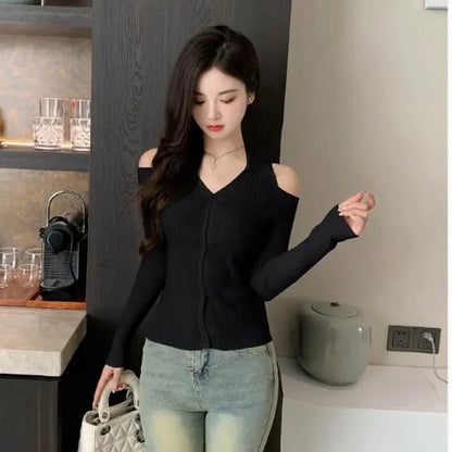 Women Clothing Autumn Fashion Simplicity All-match Screw Thread Knitting Female Solid Color V-neck Slim Sweater Pullovers Tops