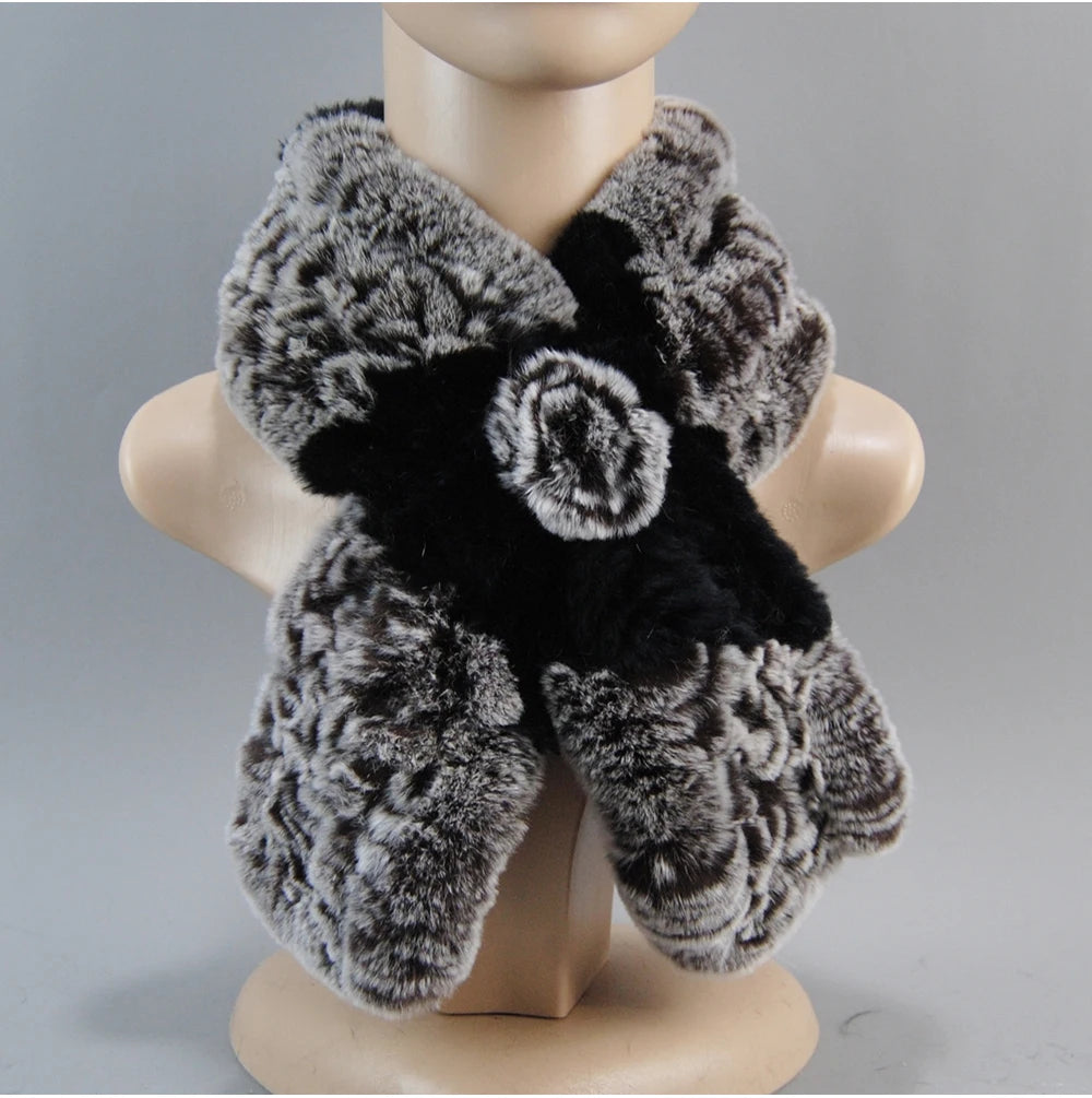 Hot Russian Women Knit Real Rex Rabbit Fur Scarf Lady Fashion Floral Rex Rabbit Fur Mufflers Hot Winter Warm Natural Fur Scarves
