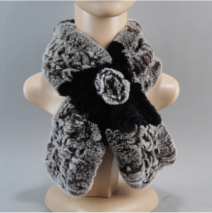 Hot Russian Women Knit Real Rex Rabbit Fur Scarf Lady Fashion Floral Rex Rabbit Fur Mufflers Hot Winter Warm Natural Fur Scarves