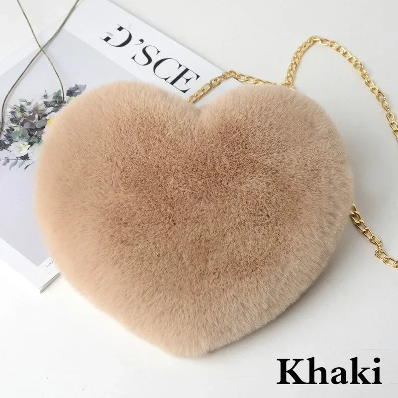 1 Pcs Women's Handbags Winter Fashion Faux Fur Heart Bag For Women Handbag Shoulder Bag Messenger Crossbody Bag Gift