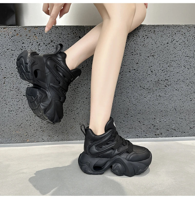 Chunky Platform Hidden Height Increasing Sneakers Casual Lace Up Shoes In White And Grey With Hollow Out Design For Streetwear