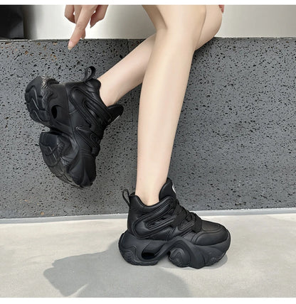 Chunky Platform Hidden Height Increasing Sneakers Casual Lace Up Shoes In White And Grey With Hollow Out Design For Streetwear