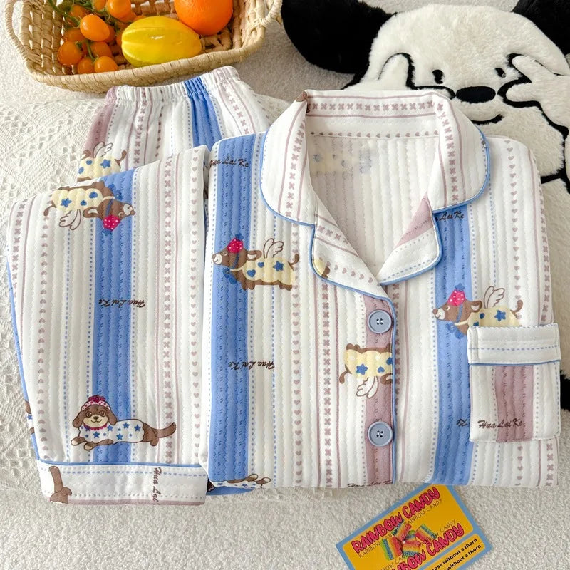 Striped Dog Print Korean Casual Loungewear for Women Sweet Cute Lapel Neck Women's Pajamas Set Autumn Winter New 2 PCS Sleepwear