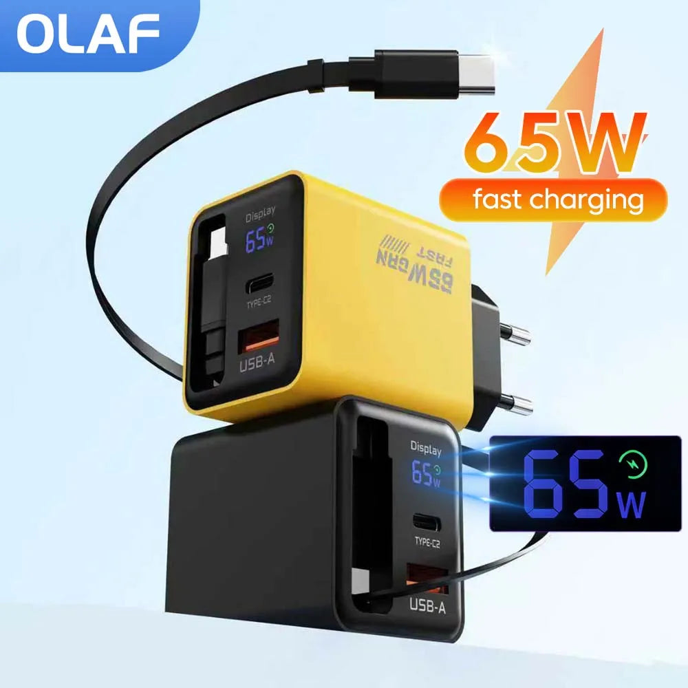 65W USB C GaN Charger Wall Charger Power Adapter Digital Display With Retractable Type C Cable For iPhone 17 16 Samsung Xiaomi