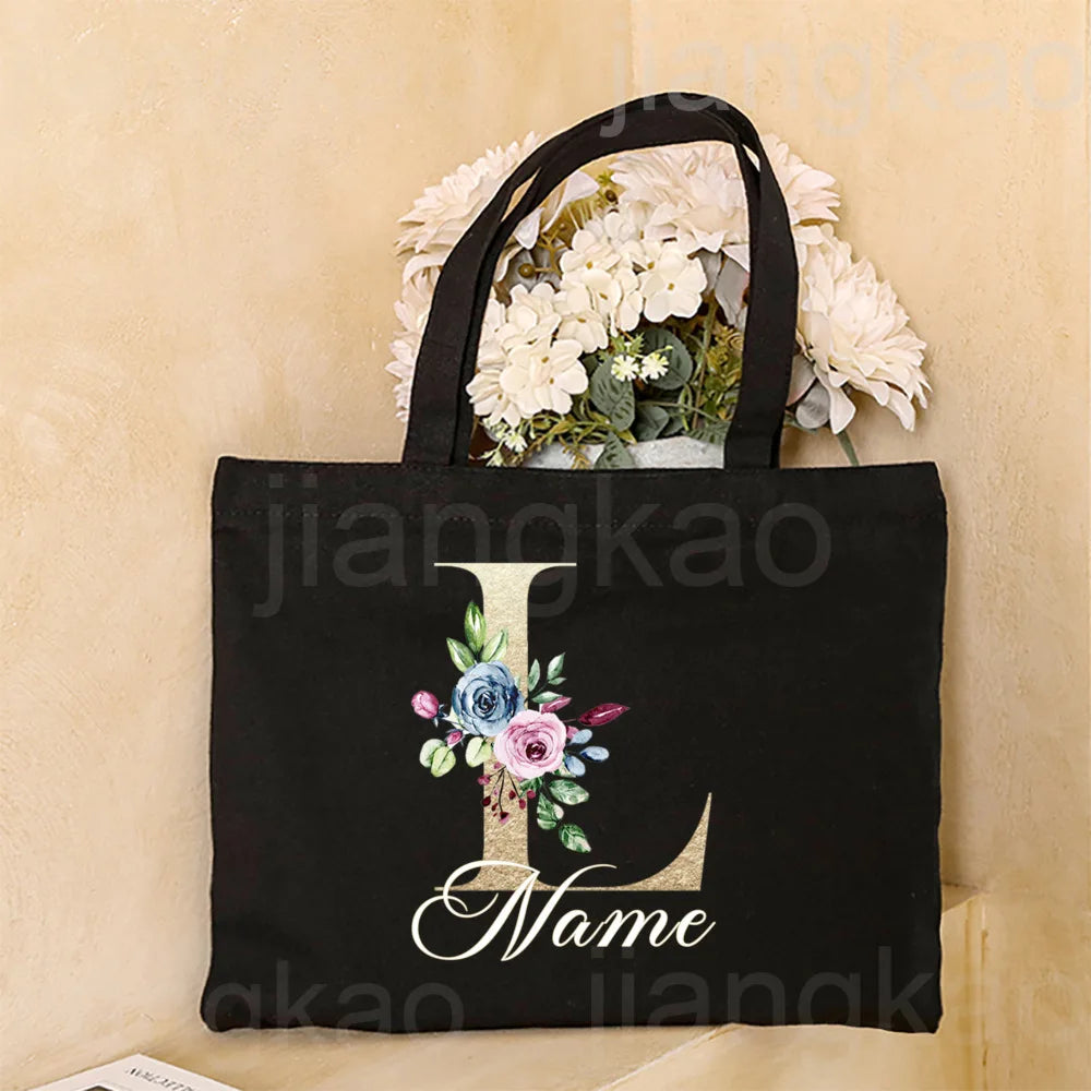 Personalized Initial with Name Tote Bag Women Canvas Shoulder Bags Monogram Shopping Bag Handbags Birthday Wedding Gifts for Her