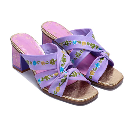 Purple Handmade Woman Slippers Luxury Party Banquet Shoes 6.5CM High Heels Summer Fashion Slide Lady Square Toe Bohemian Sandals