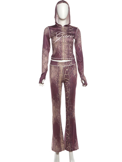 Weird Puss Letter Snake Print Tracksuit 2-Piece Set Women Patchwork Zip Jacket+Pants Matching Casual Stretch Streetwear Outfits