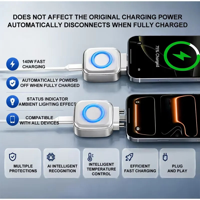 KEBIDUMEI 140W Type-C Charging Adapter Universal Separator Anti-Overcharge for Safe Overnight Charging Smart Auto Stop Charging