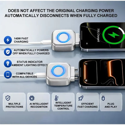 KEBIDUMEI 140W Type-C Charging Adapter Universal Separator Anti-Overcharge for Safe Overnight Charging Smart Auto Stop Charging