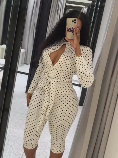 Fashion Polka Dot Cropped Pants Set For Women Y2K Stand Collar Lace Up Jacket High Waist Capri Pants Lady Street 2 Pieces Outfit