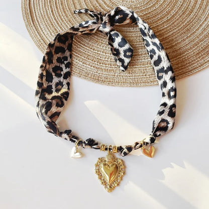 Women’s Fashion Scarf Necklace with Large Stainless Steel Heart Pendant Stackable Bandana Jewelry