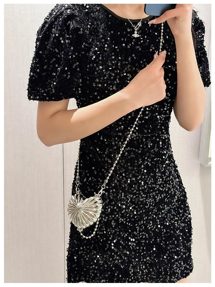 Golden Silver Evening Bag Handbag Luxury Designer Shoulder Crossbody Bags Party Wedding Clutch Mini Heart Pattern Shell Purse