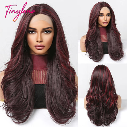 Long Wavy Transparent Lace Front Synthetic Wigs Brown Golden Ombre Lace Frontal Wig for Black Women Natural Cosplay Closure Hair