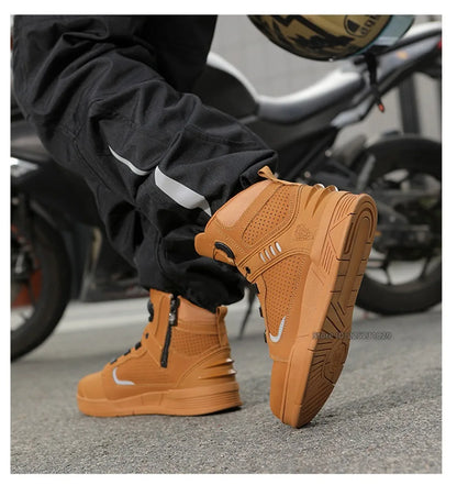 Leather Motorcycle Men's Genuine Moto Protective Ankle Short Boots Motocross Breathable Anti Drop Riding Travel Racing Shoes