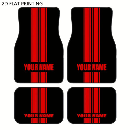 Custom 4pcs Car Floor Mats With Personalized Name/Text - Red Vertical Stripes On Black, All-Season Durable Polyester Auto Liners