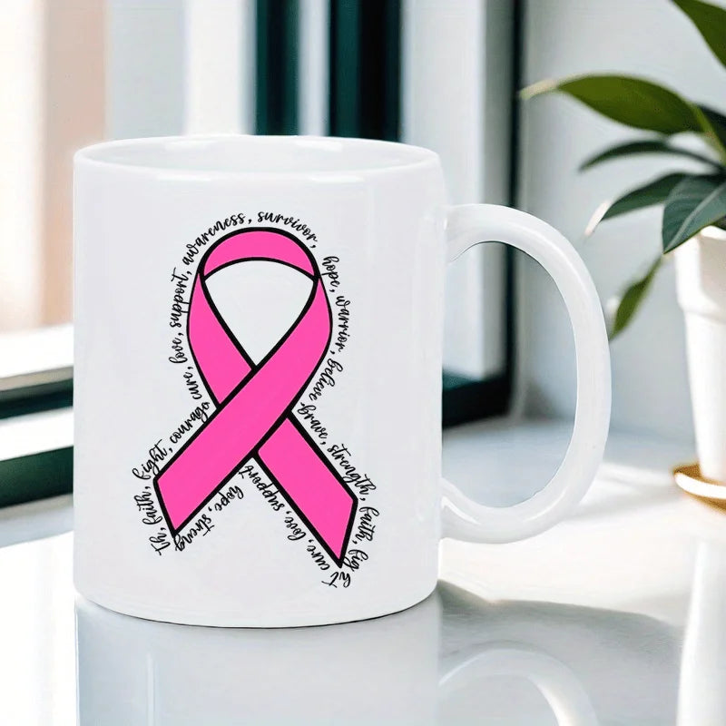 11oz Pink Ribbon Ceramic Coffee Mug with Breast Cancer Awareness Ribbon Design - Insulated Thermal Cup, Hand-Wash Only, Reusable