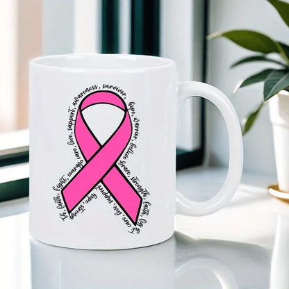 11oz Pink Ribbon Ceramic Coffee Mug with Breast Cancer Awareness Ribbon Design - Insulated Thermal Cup, Hand-Wash Only, Reusable