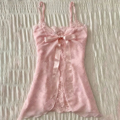 Y2k Summer New Solid Sling Tops Kawaii Lace Bow Inside A Sling Vest 90s Aesthetics Crop Top Women Pink Tank Top Fashion Punk Top