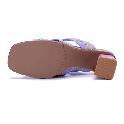 Purple Handmade Woman Slippers Luxury Party Banquet Shoes 6.5CM High Heels Summer Fashion Slide Lady Square Toe Bohemian Sandals